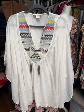 lovestitch White Boho Tunic with Multicolor Embroidered V-Neck